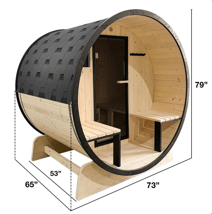 Outdoor White Finland Pine Traditional Barrel Sauna with Black Accents & Front Porch Canopy - 3-5 Person Capacity