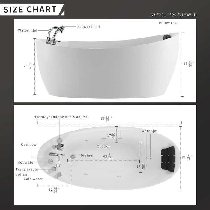 Empava 59” Whirlpool Bathtub | Jetted Tub with Light | SPA Hydromassage with Chromatherapy | Acrylic | 3-Side Apron (White)