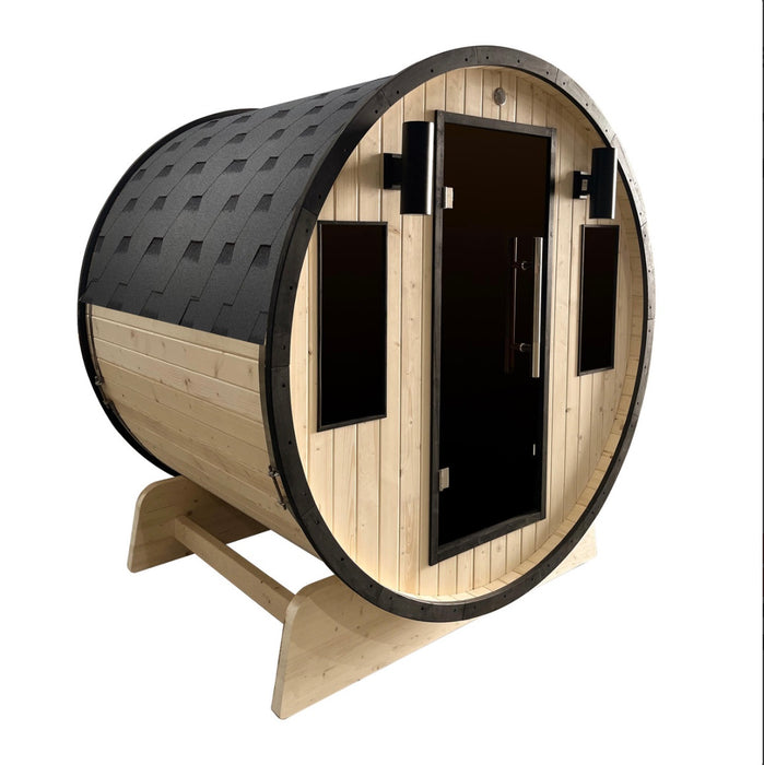 Outdoor White Finland Pine Traditional Barrel Sauna with Black Accents - 3-4 Person Capacity