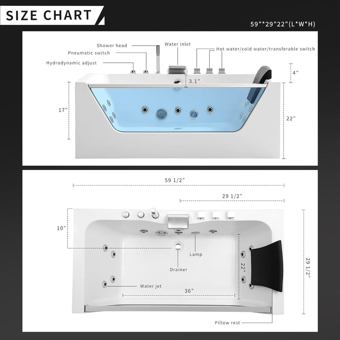 Empava 59” Whirlpool Bathtub | Jetted Tub with Light | SPA Hydromassage with Chromatherapy | Acrylic | 3-Side Apron (White)