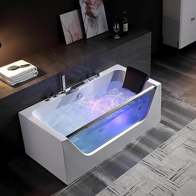 Empava 59” Whirlpool Bathtub | Jetted Tub with Light | SPA Hydromassage with Chromatherapy | Acrylic | 3-Side Apron (White)