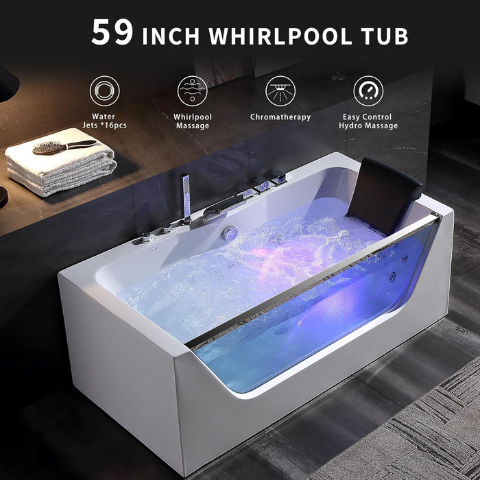 Empava 59” Whirlpool Bathtub | Jetted Tub with Light | SPA Hydromassage with Chromatherapy | Acrylic | 3-Side Apron (White)