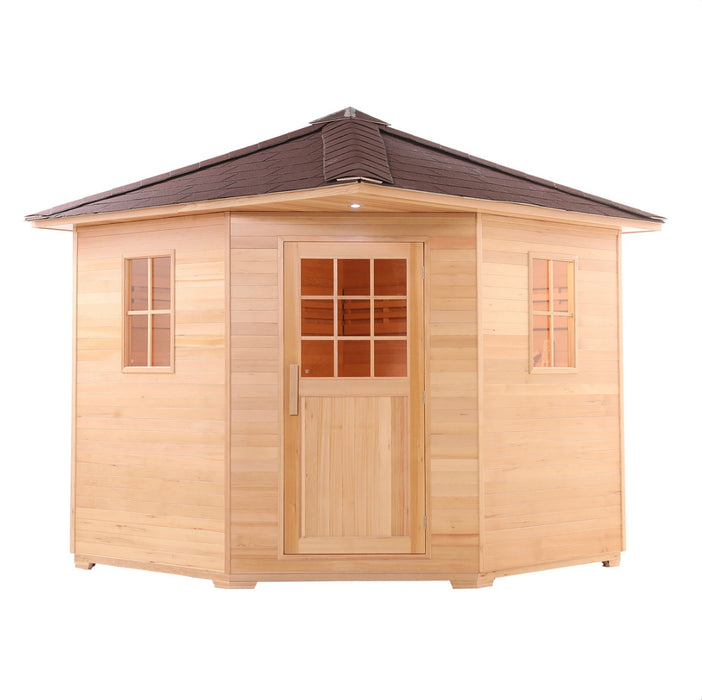 Canadian Hemlock Wet Dry Outdoor Sauna with Asphalt Roof - 8 kW UL Certified Heater - 8 Person