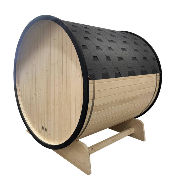 Outdoor White Finland Pine Traditional Barrel Sauna with Black Accents & Front Porch Canopy - 3-5 Person Capacity