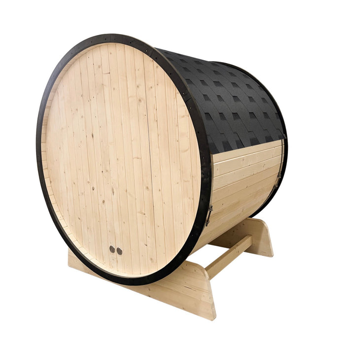 Outdoor White Finland Pine Traditional Barrel Sauna with Black Accents - 3-4 Person Capacity