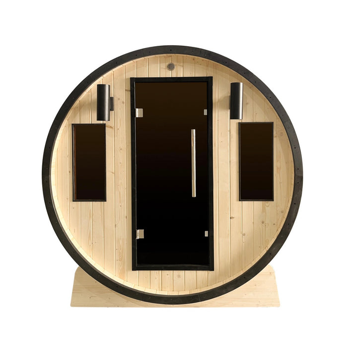 Outdoor White Finland Pine Traditional Barrel Sauna with Black Accents - 3-4 Person Capacity