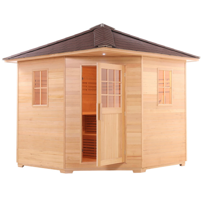 Canadian Hemlock Wet Dry Outdoor Sauna with Asphalt Roof - 8 kW UL Certified Heater - 8 Person