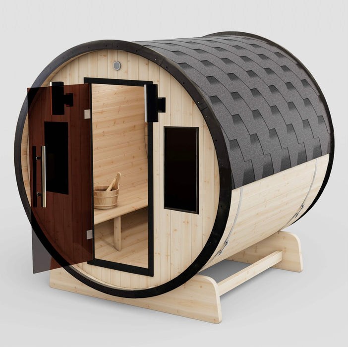 Outdoor White Finland Pine Traditional Barrel Sauna with Black Accents - 3-4 Person Capacity